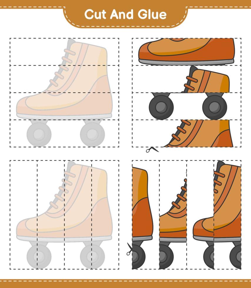 knip en plak, knip delen van rolschaatsen en lijm ze. educatief kinderspel, afdrukbaar werkblad, vectorillustratie vector