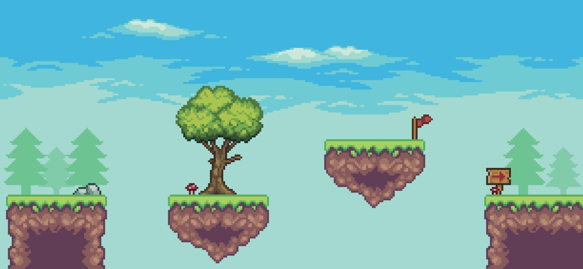 pixelart arcade-spelscène met drijvend platform, bomen, wolken en vlag 8-bits achtergrond vector