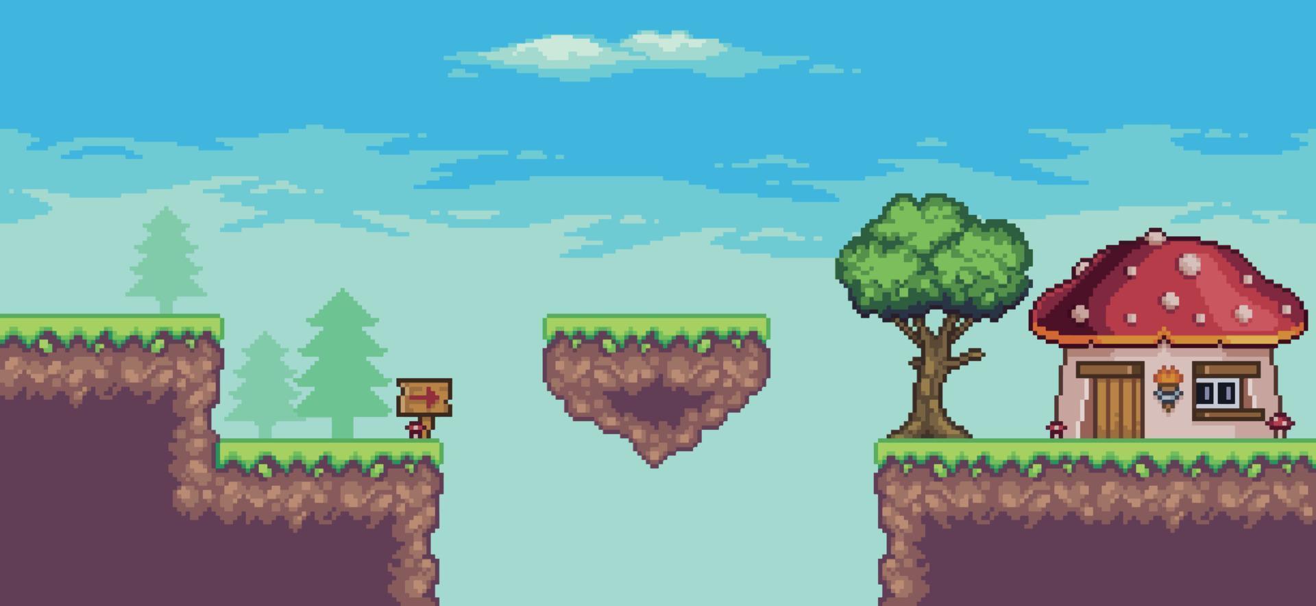 pixel art arcade game scene met boom, drijvend eiland, huis en wolken 8 bit vector achtergrond
