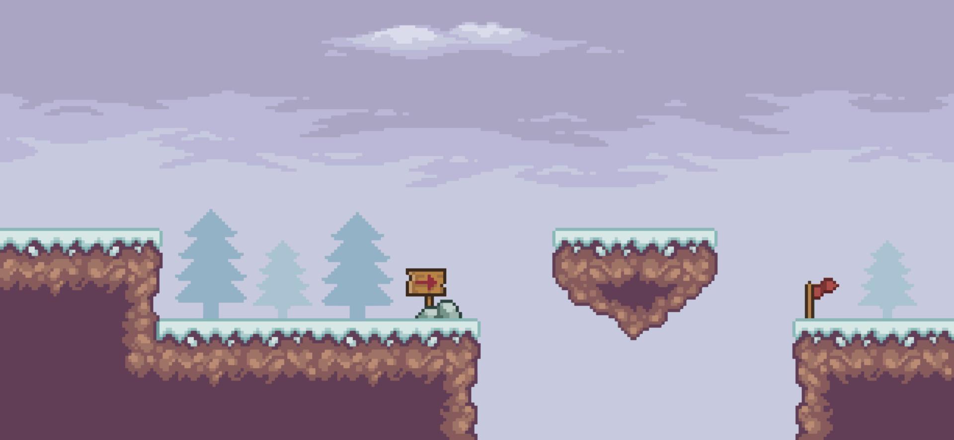 pixelart-spelscène in sneeuw met drijvend platform, pijnbomen, wolken en 8-bits achtergrond vector