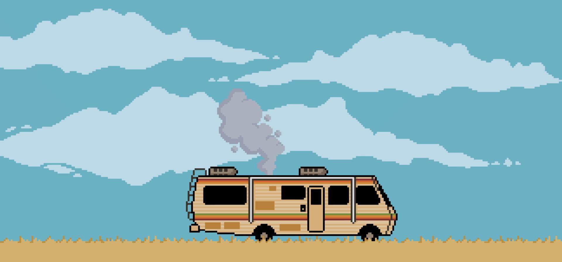 pixelkunstachtergrond met woestijnaanhangwagen en bewolkte hemelscène voor 8bit-game vector