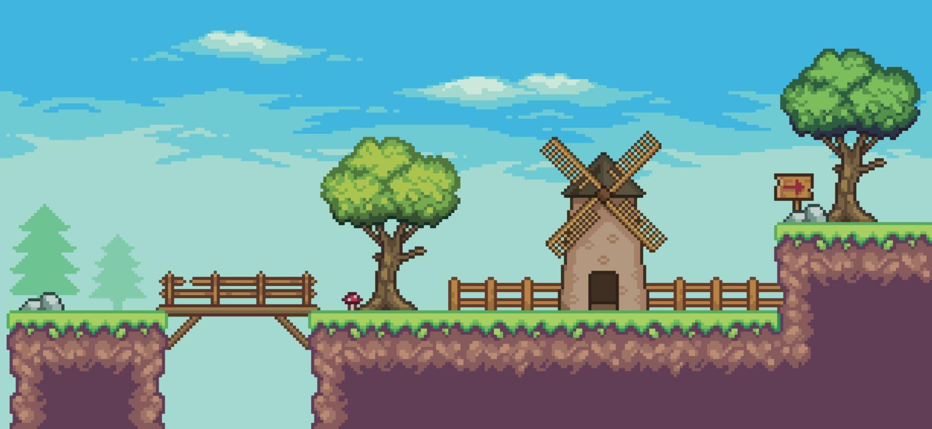 pixel art arcade game scene met drijvend platform, molen, brug, bomen, hek en wolken, 8bit vector