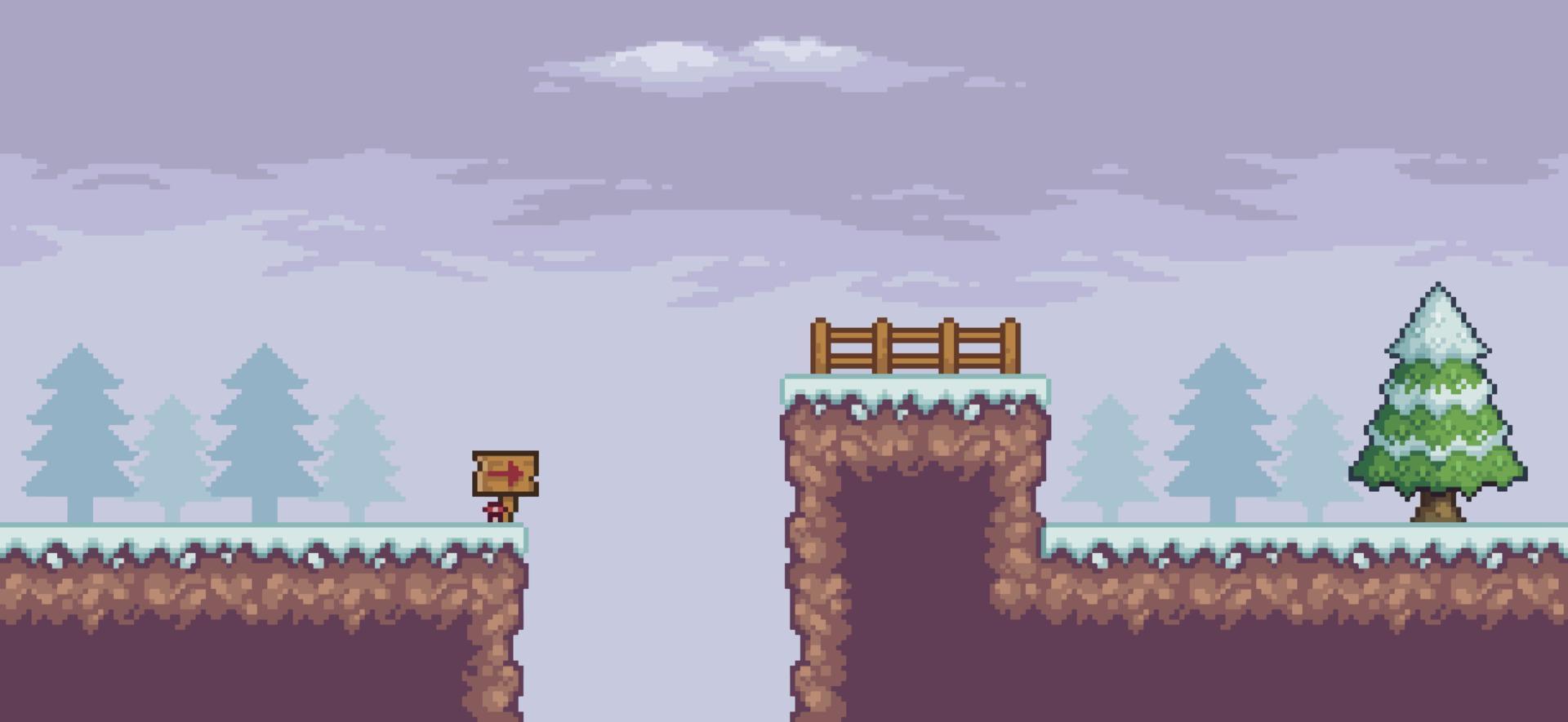 pixel art game scene in sneeuw met pijnbomen, hek, houten plank, wolken 8bit achtergrond vector