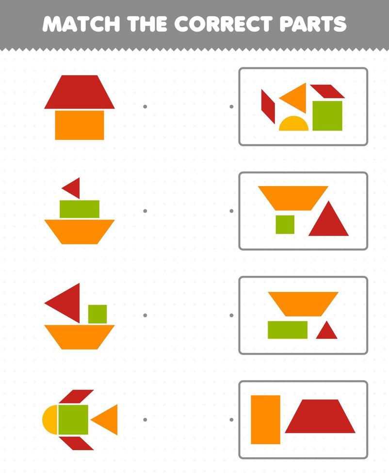 educatief spel voor kinderen match de juiste onderdelen geometrische vormen 1 vierkante driehoek trapeziumvormige parallellogram rechthoek afdrukbaar werkblad vector