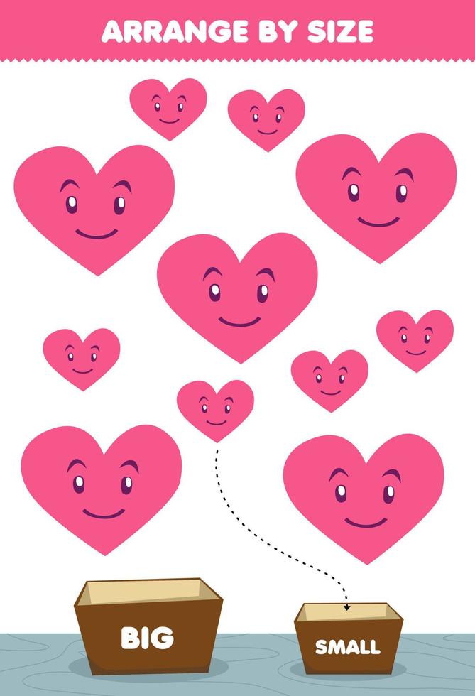 educatief spel voor kinderen rangschikken op maat groot of klein plaats het in de doos leuke cartoon geometrische vormen hartfoto's vector