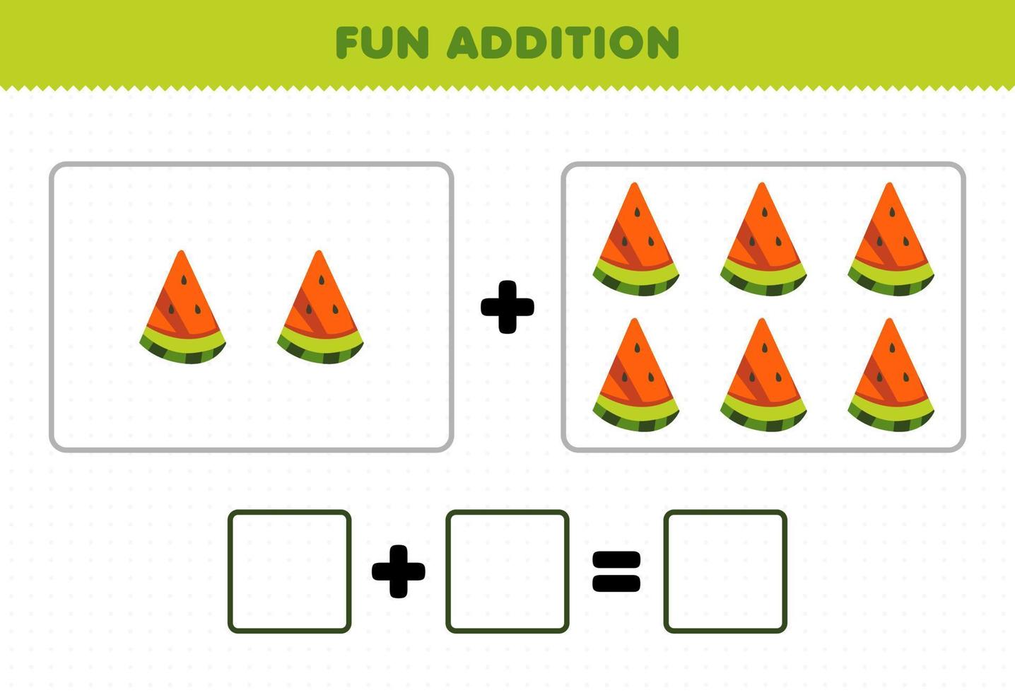 educatief spel voor kinderen leuke toevoeging door het tellen van cartoon fruit watermeloen afbeeldingen werkblad vector