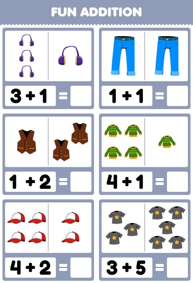 onderwijs spel voor kinderen leuke toevoeging door tellen en som cartoon draagbare kleding hoofdtelefoon jean vest trui cap t-shirt foto's werkblad vector