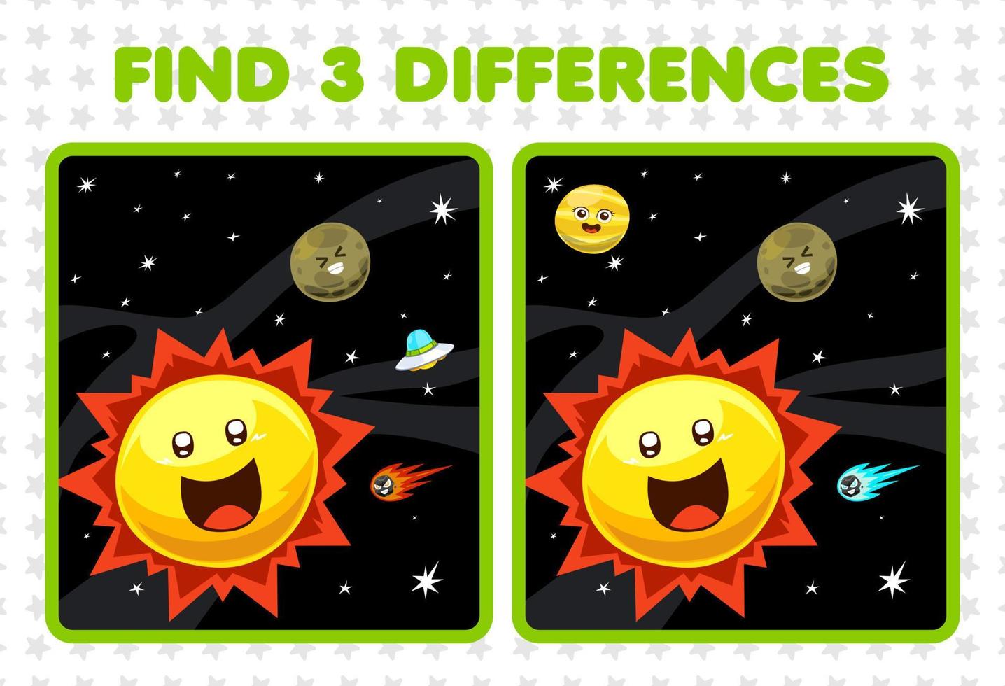 educatief spel voor kinderen vind drie verschillen tussen twee schattige cartoon zonnestelsel zon planeet ufo komeet vector