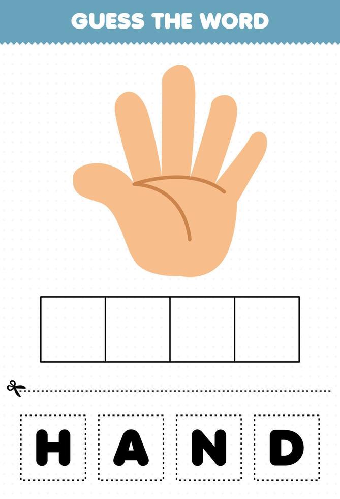 educatief spel voor kinderen raad het woord letters oefenen leuke cartoon menselijke anatomie hand vector