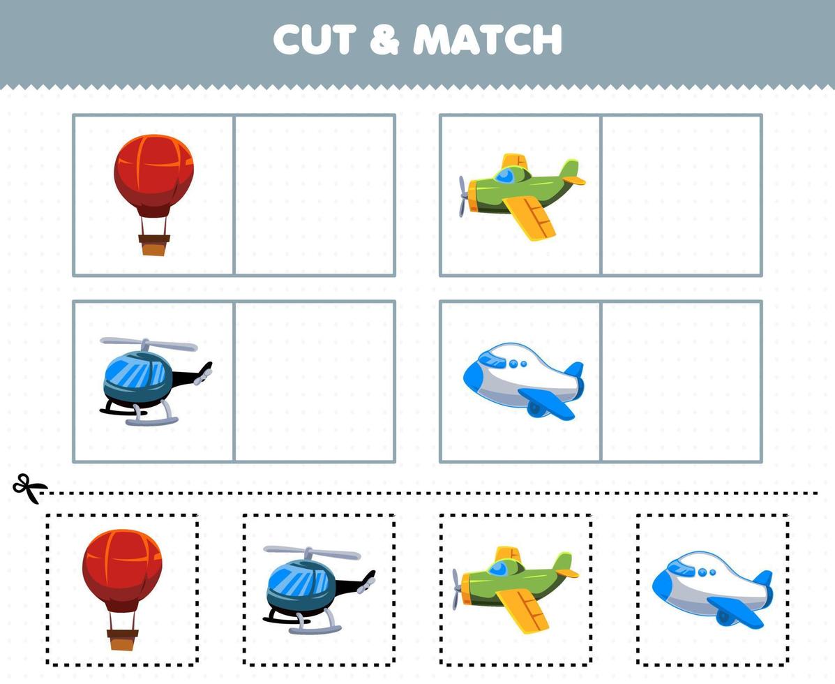 educatief spel voor kinderen knip en match dezelfde foto van schattige cartoon vliegende transportballon vliegtuig helikopter vliegtuig afdrukbaar werkblad vector