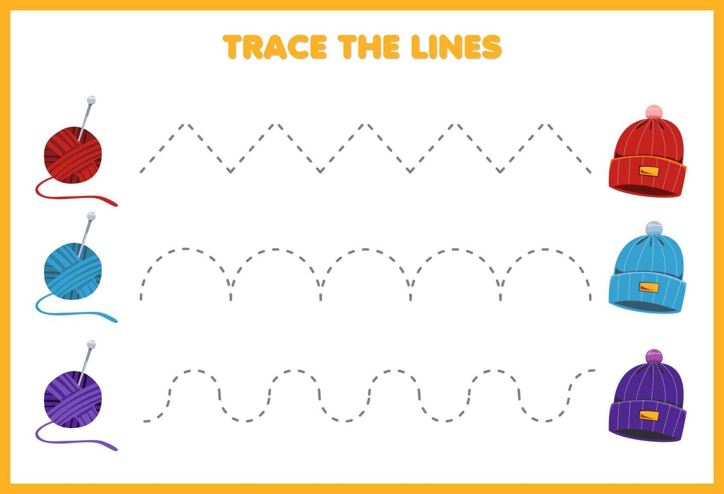 educatief spel voor kinderen handschrift oefenen traceer de lijnen brei draagbare kleding beanie hoed vorm garen vector
