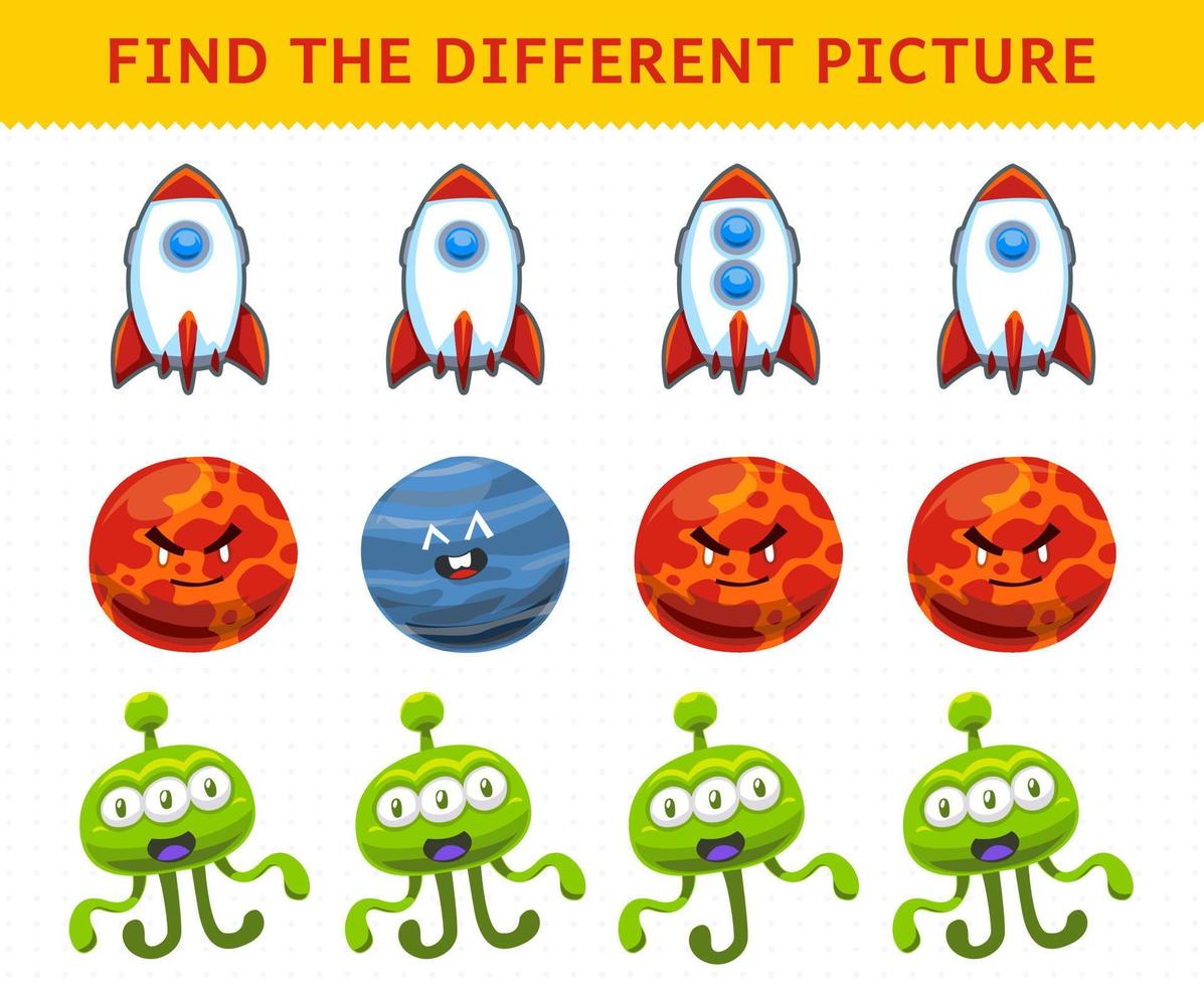 educatief spel voor kinderen vind de verschillende foto in elke rij schattige cartoon zonnestelsel raket mars planeet alien vector