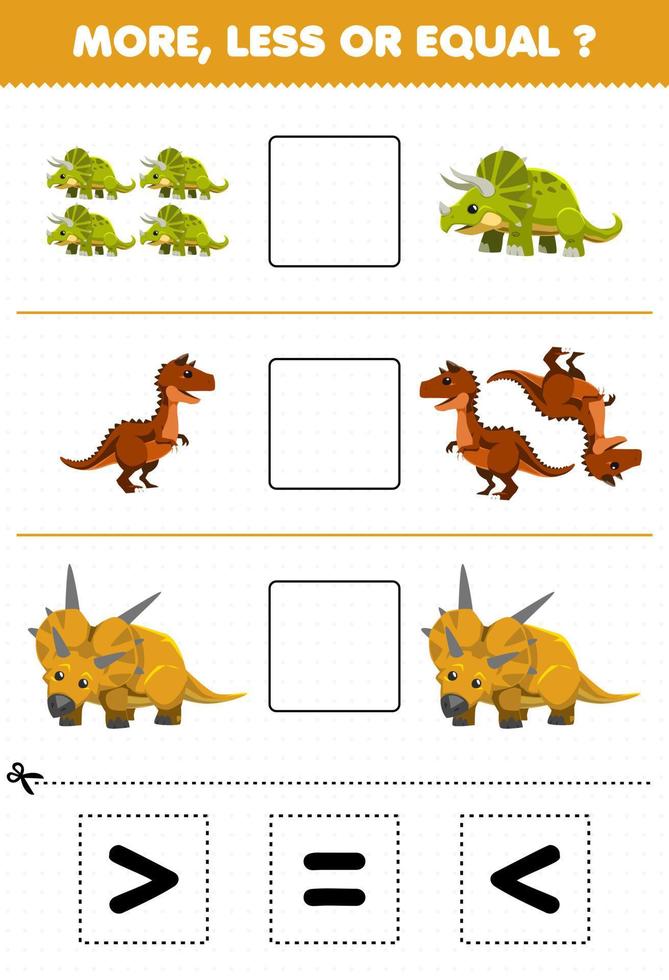 educatief spel voor kinderen min of meer gelijk tel de hoeveelheid cartoon prehistorische hoorn dinosaurus en knip en lijm knip het juiste teken vector