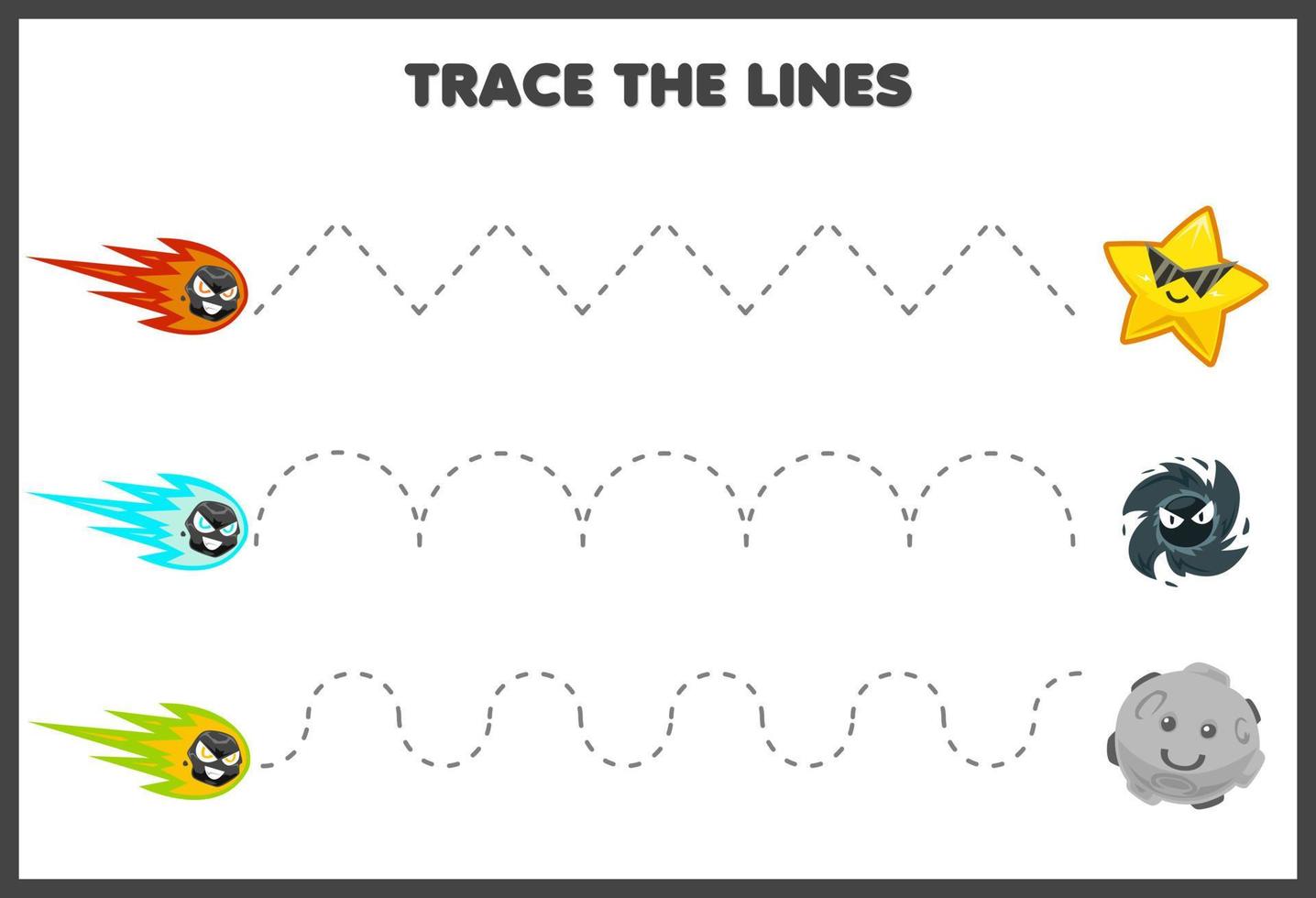 onderwijs spel voor kinderen handschrift praktijk traceer de lijnen bewegen schattige cartoon zonnestelsel komeet ster zwart gat planeet vector