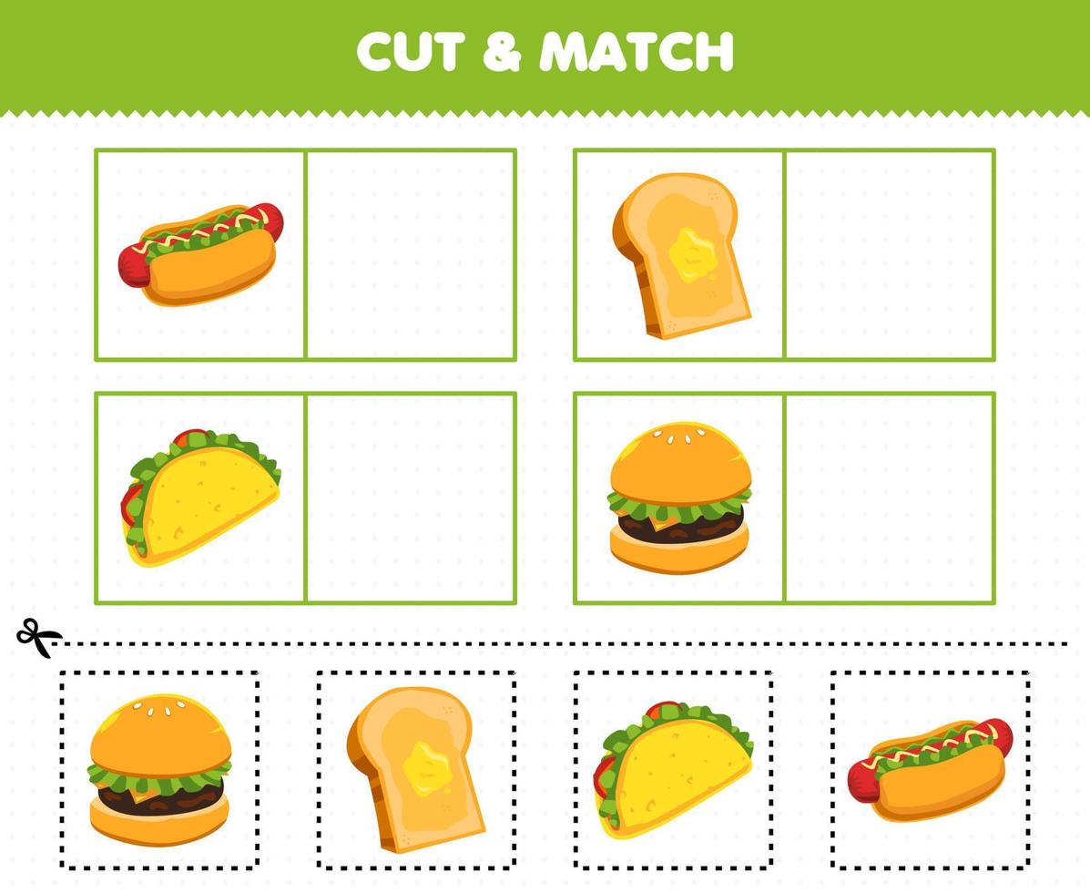 educatief spel voor kinderen knip en match dezelfde foto van cartoon eten hotdog toast taco burger afdrukbaar werkblad vector