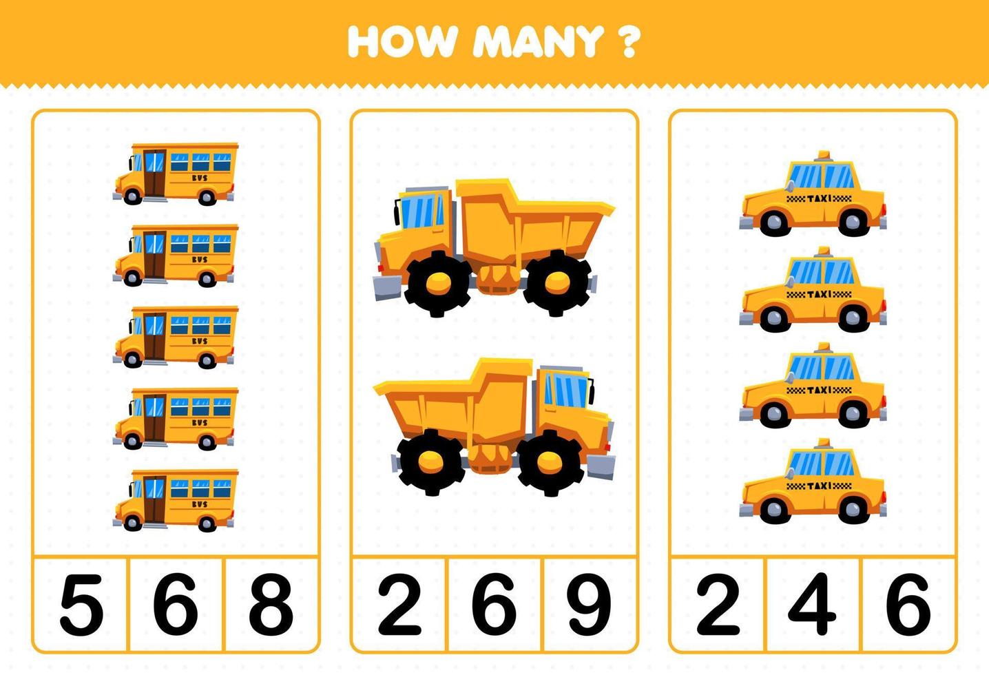 educatief spel voor kinderen tellen hoeveel cartoon gele transportbus dump truck taxi vector