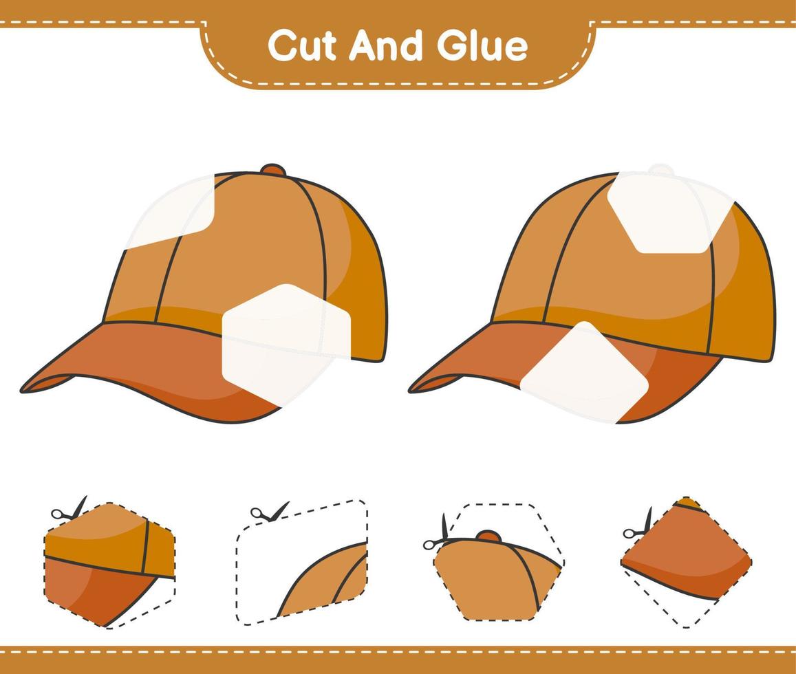 knip en lijm, knip delen van de muts uit en plak ze vast. educatief kinderspel, afdrukbaar werkblad, vectorillustratie vector