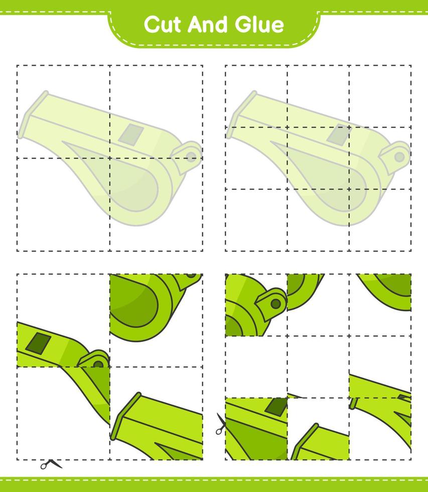 knip en plak, knip delen van fluitje en lijm ze. educatief kinderspel, afdrukbaar werkblad, vectorillustratie vector