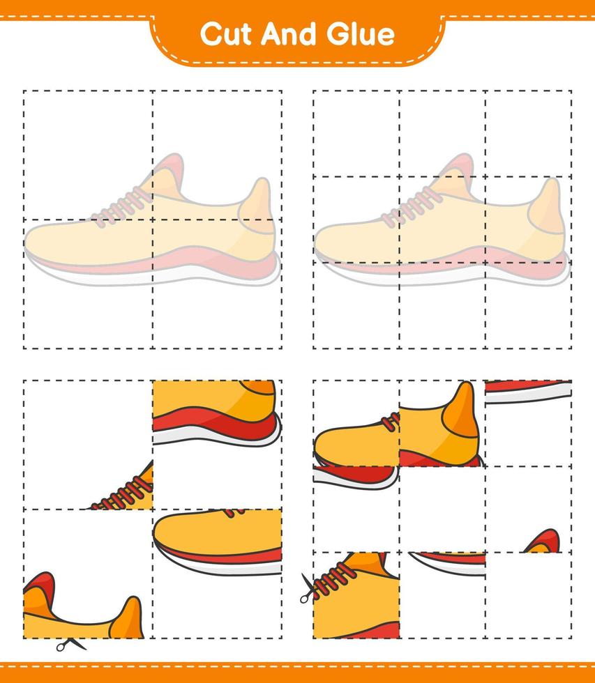 knip en plak, knip delen van hardloopschoenen uit en lijm ze. educatief kinderspel, afdrukbaar werkblad, vectorillustratie vector