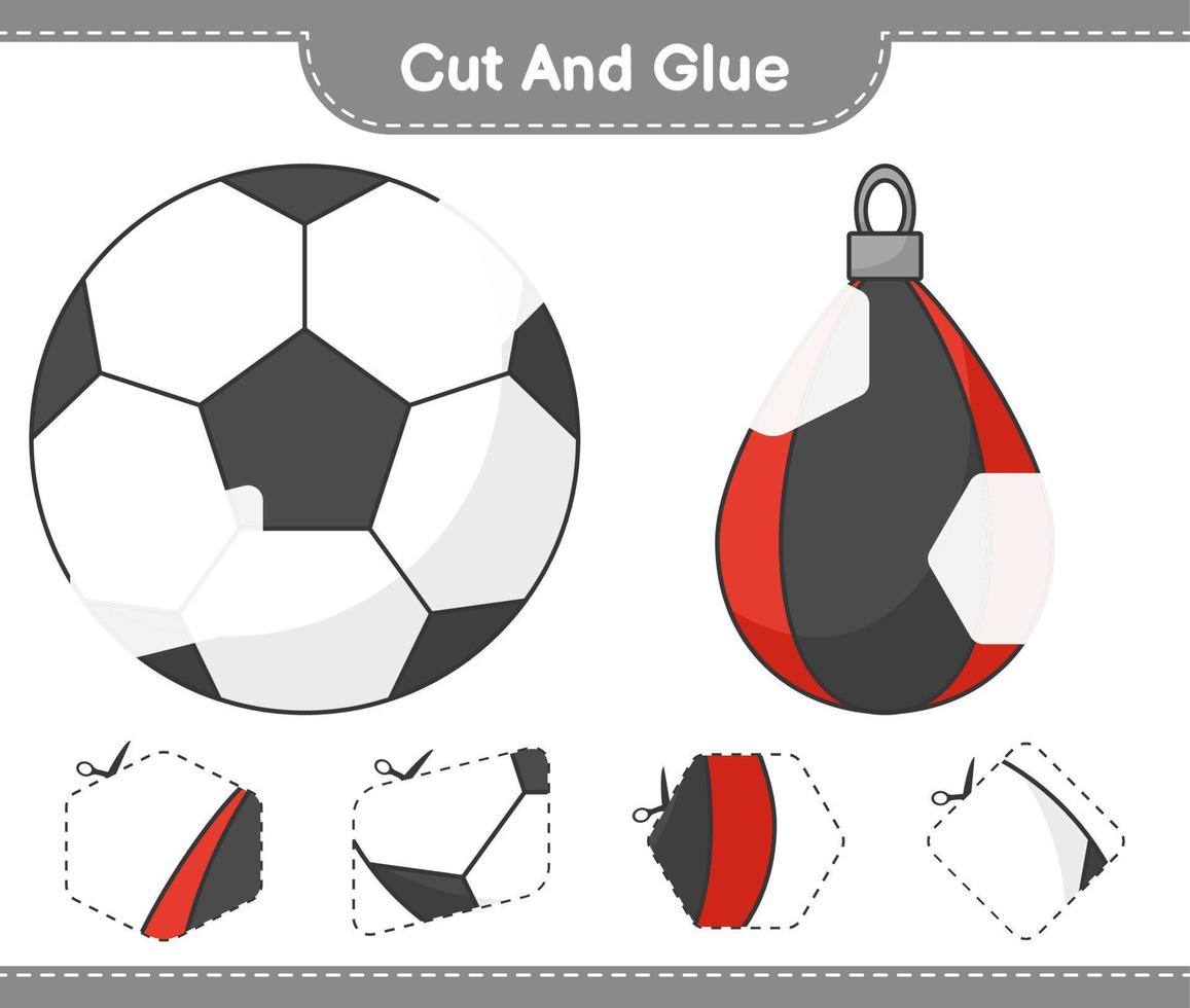 knip en plak, knip delen van voetbal, bokszak en lijm ze. educatief kinderspel, afdrukbaar werkblad, vectorillustratie vector