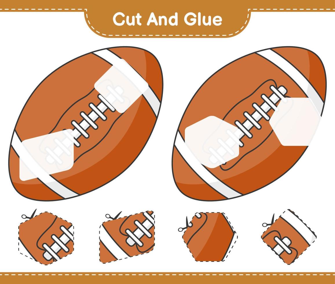 knip en plak, knip delen van de rugbybal en lijm ze. educatief kinderspel, afdrukbaar werkblad, vectorillustratie vector