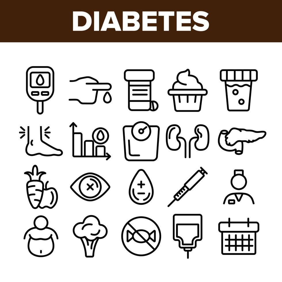 diabetes, ziekte diagnostiek lineaire vector iconen set