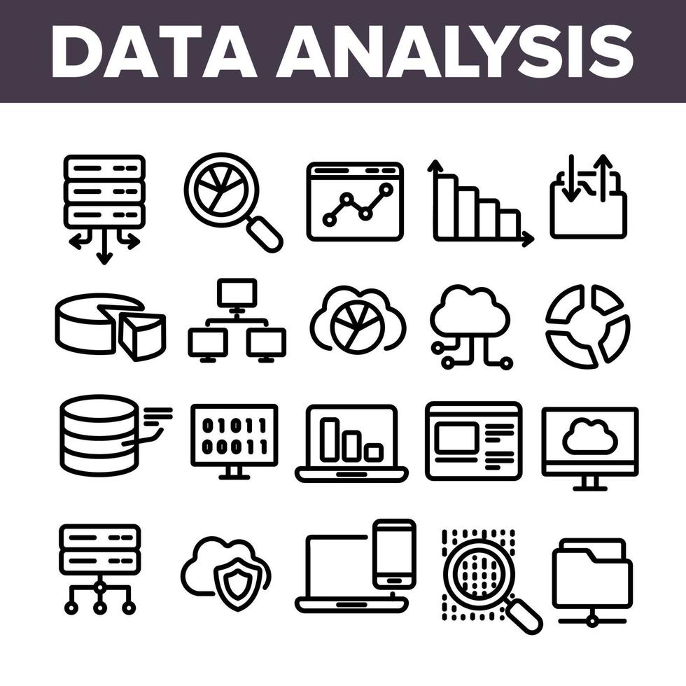gegevensanalyse, webopslag lineaire vector iconen set