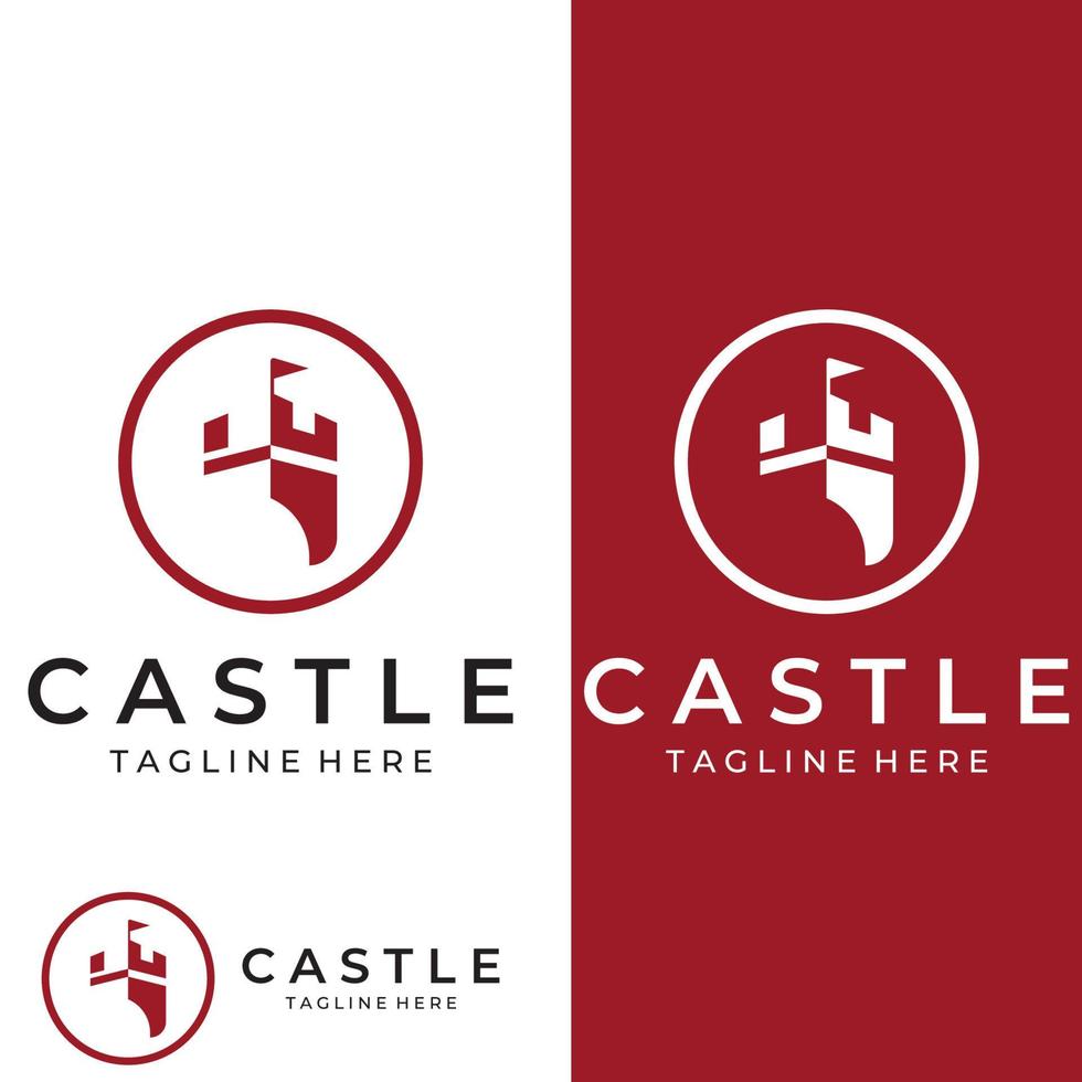 kasteel logo silhouet, kasteel logo met schild combinatie vector illustratie ontwerpsjabloon.