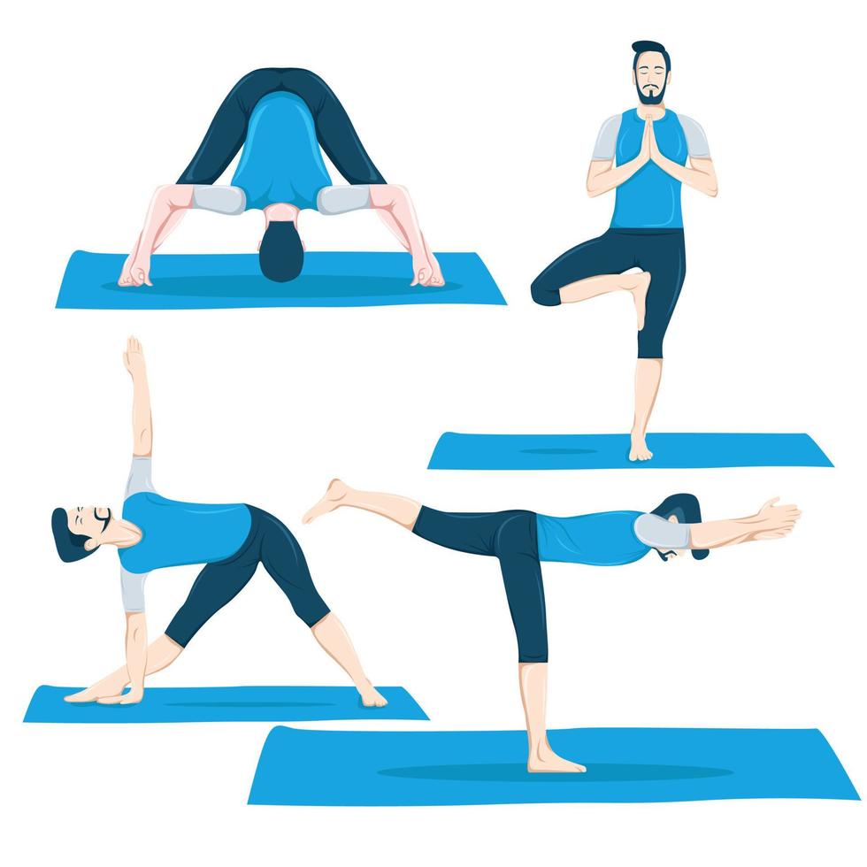 een set mannelijke figuur yogahoudingen 4 yogahoudingen in een plat ontwerp. vector