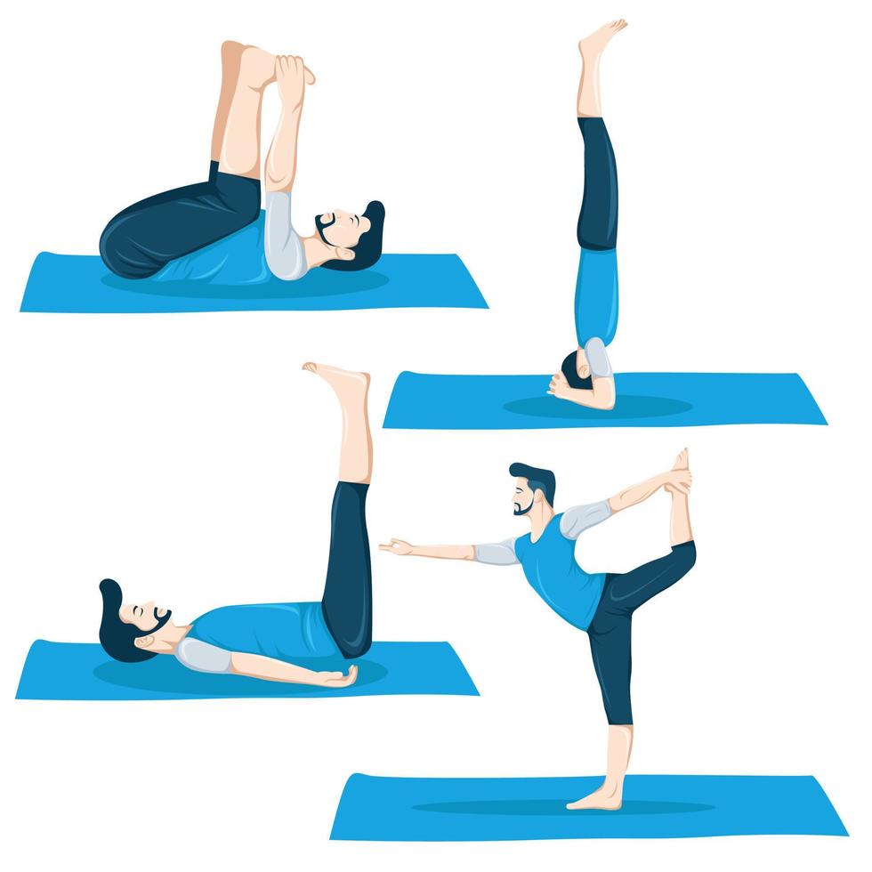 een set mannelijke figuur yogahoudingen 4 yogahoudingen in een plat ontwerp. vector