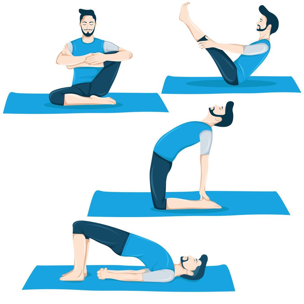 een set mannelijke figuur yogahoudingen 4 yogahoudingen in een plat ontwerp. vector