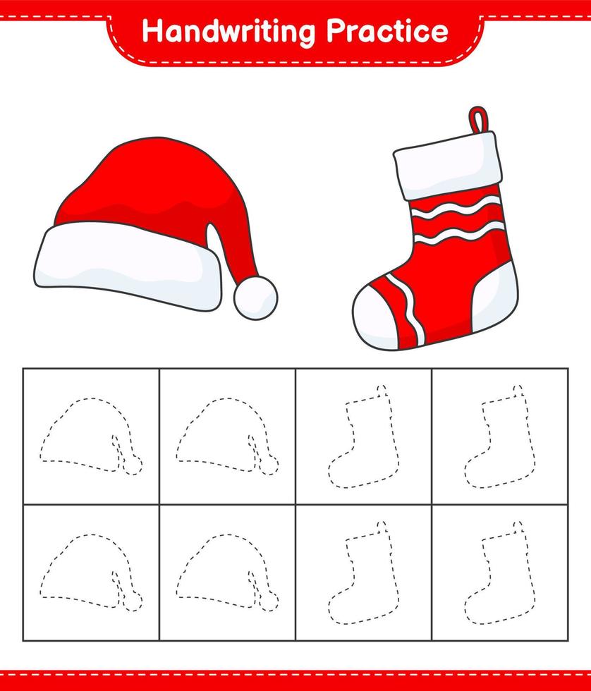 handschrift oefenen. traceerlijnen van kerstmuts en kerstsok. educatief kinderspel, afdrukbaar werkblad, vectorillustratie vector