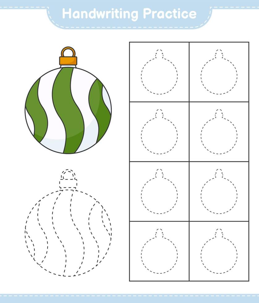 handschrift oefenen. traceerlijnen van kerstbal. educatief kinderspel, afdrukbaar werkblad, vectorillustratie vector