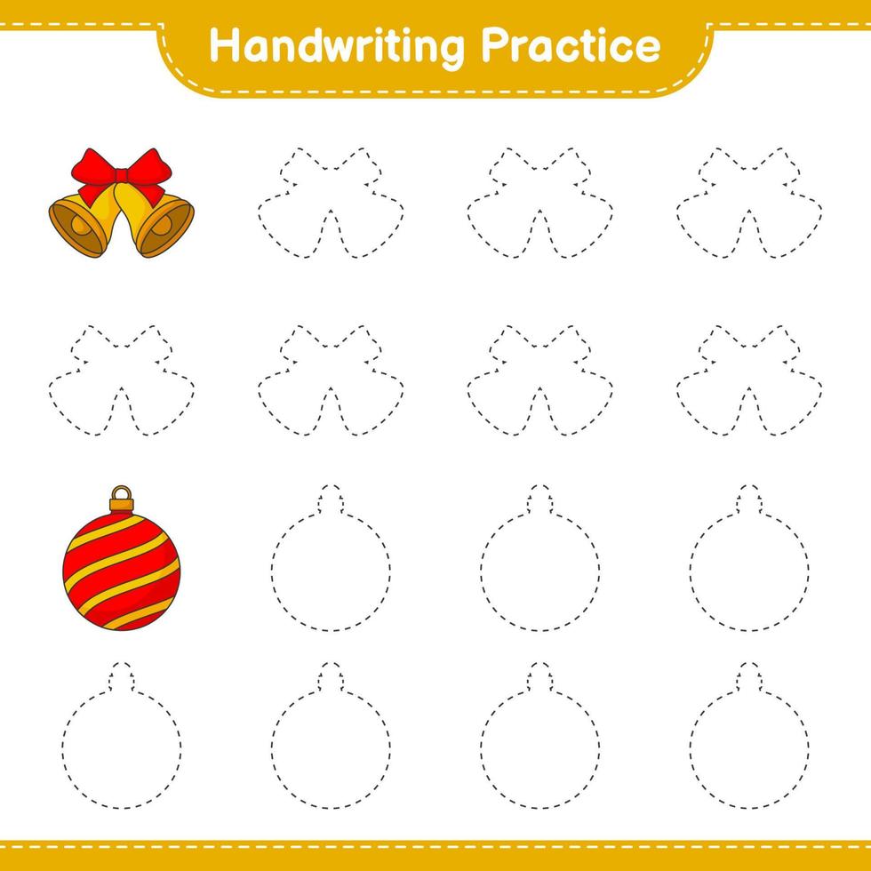 handschrift oefenen. traceerlijnen van kerstbal en kerstbel. educatief kinderspel, afdrukbaar werkblad, vectorillustratie vector