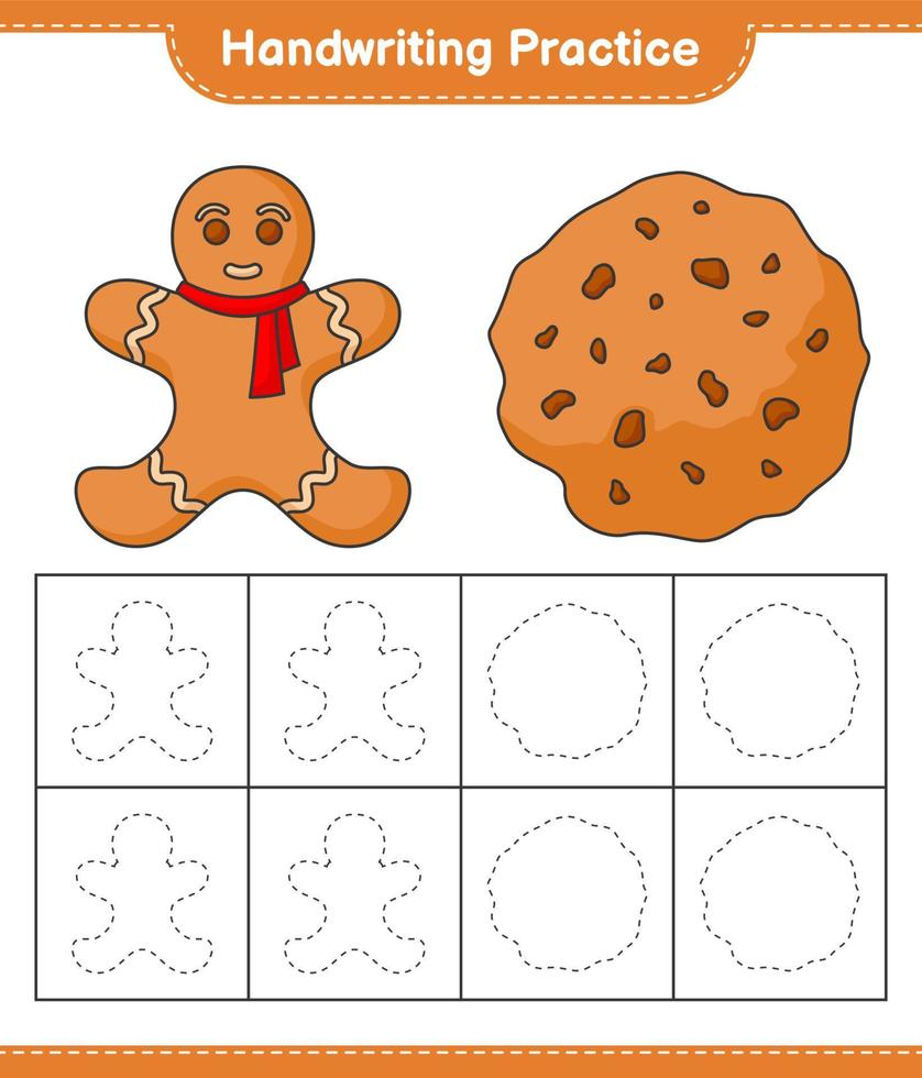 handschrift oefenen. traceerlijnen van peperkoekman en koekjes. educatief kinderspel, afdrukbaar werkblad, vectorillustratie vector