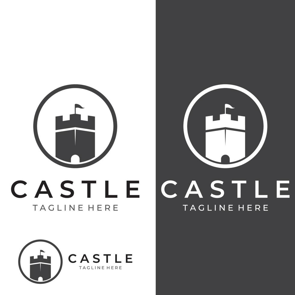 kasteel logo silhouet, kasteel logo met schild combinatie vector illustratie ontwerpsjabloon.