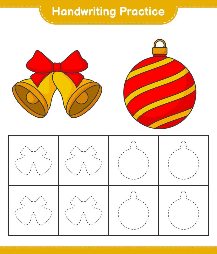 handschrift oefenen. traceerlijnen van kerstbal en kerstbel. educatief kinderspel, afdrukbaar werkblad, vectorillustratie vector