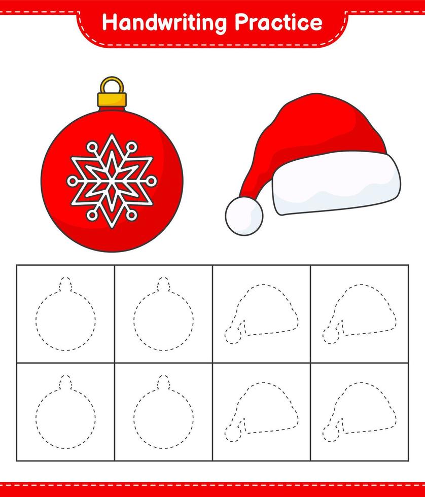 handschrift oefenen. traceerlijnen van kerstbal en kerstmuts. educatief kinderspel, afdrukbaar werkblad, vectorillustratie vector