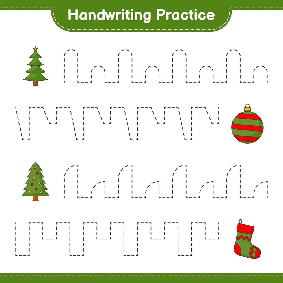 handschrift oefenen. traceerlijnen van boom, kerstbal en kerstsok. educatief kinderspel, afdrukbaar werkblad, vectorillustratie vector