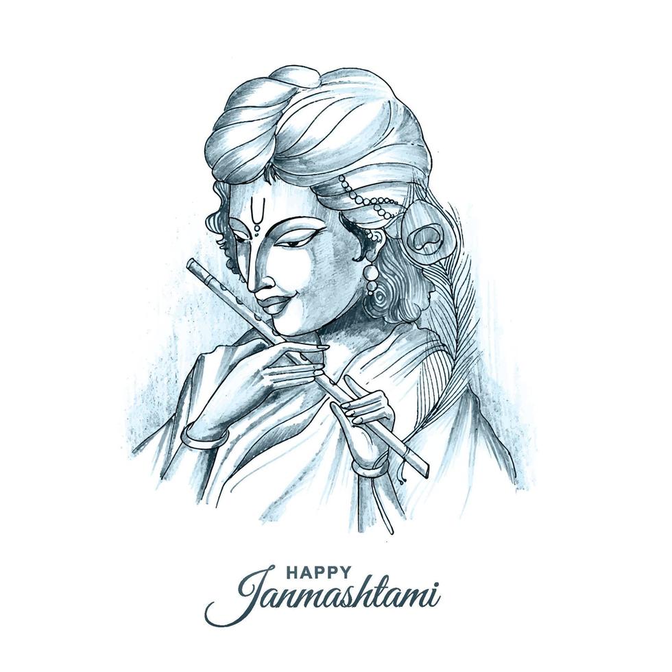 hand tekenen moderne kunst schets heer shri krishna janmashtami kaart ontwerp vector