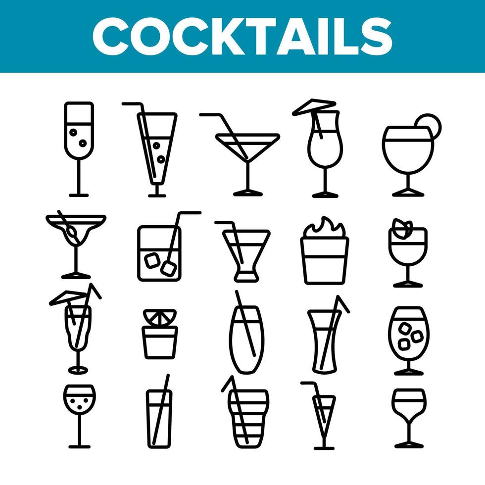 cocktails, alcohol en frisdranken lineaire iconen set vector