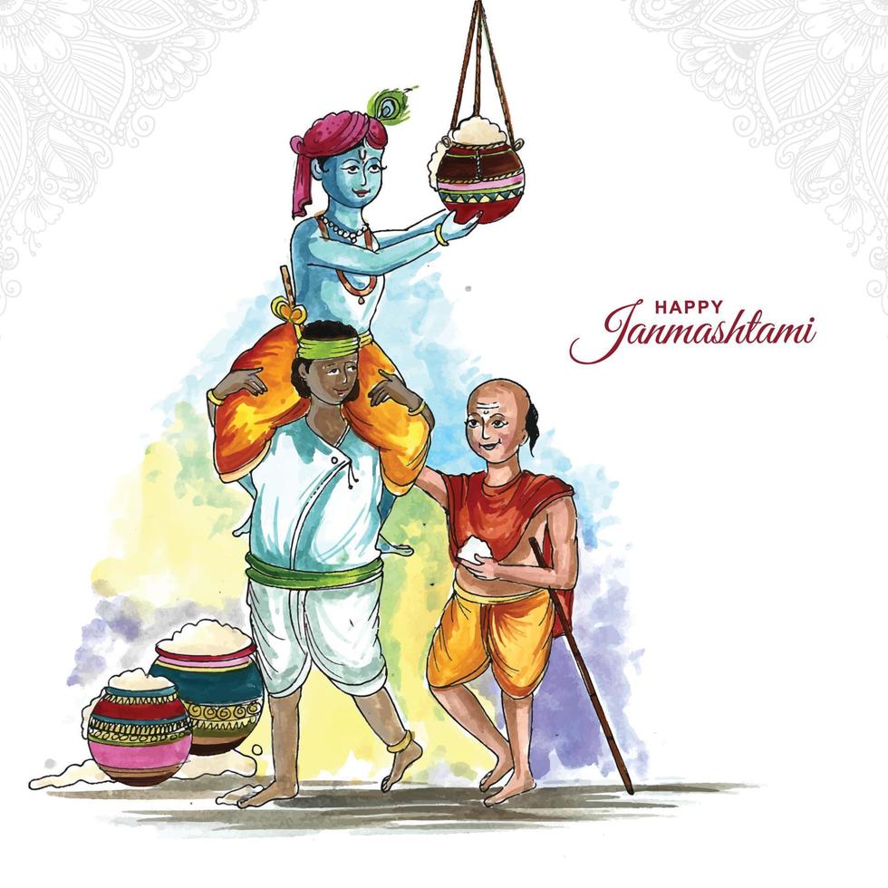 heer krishna met vrienden die dahi handi spelen op janmashtami-kaartachtergrond vector