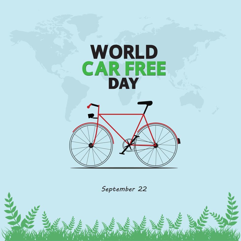 wereld autovrije dag. 22 september. stoere fiets. wereldkaart witte kleur achtergrond. vectorillustratie. vector