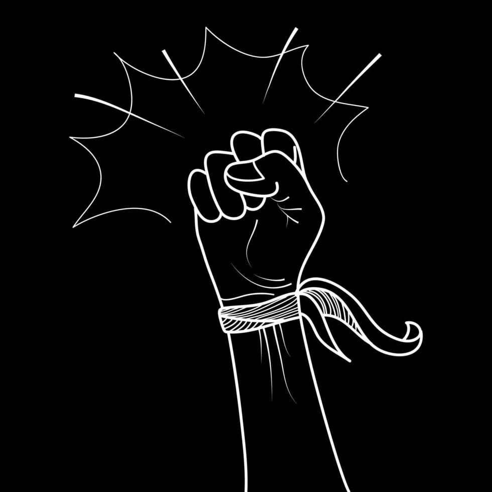 hand getrokken van doodle handen omhoog. vuisthand, protestsymbool, machtsteken. geïsoleerd op zwarte achtergrond. vector illustratie