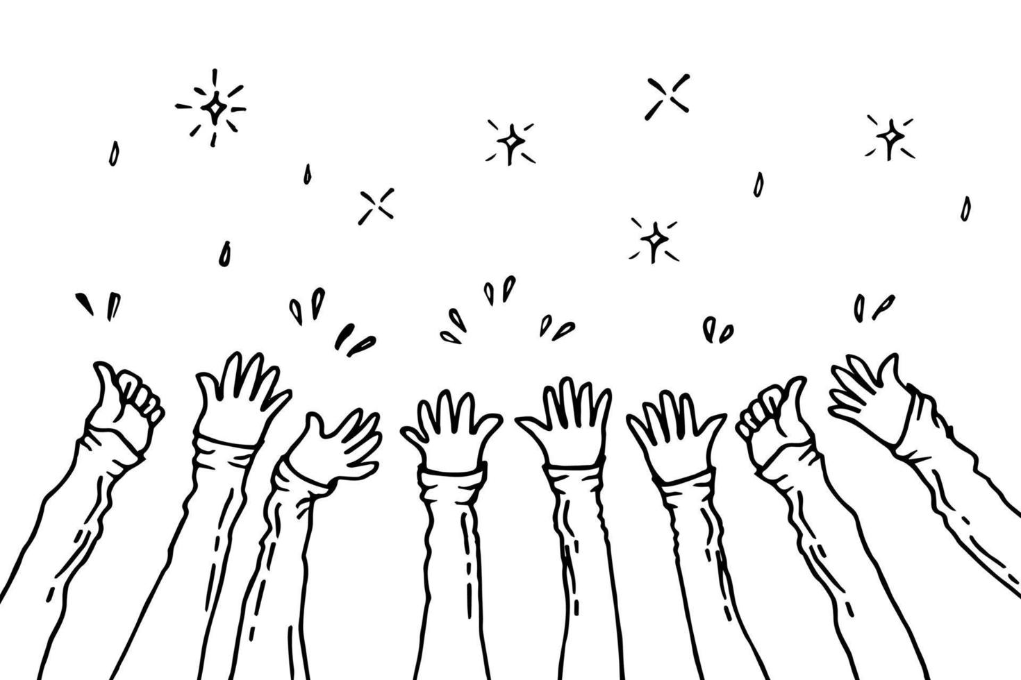 doodle handen omhoog, handen klappen. applaus gebaren. felicitatie bedrijf. vector illustratie