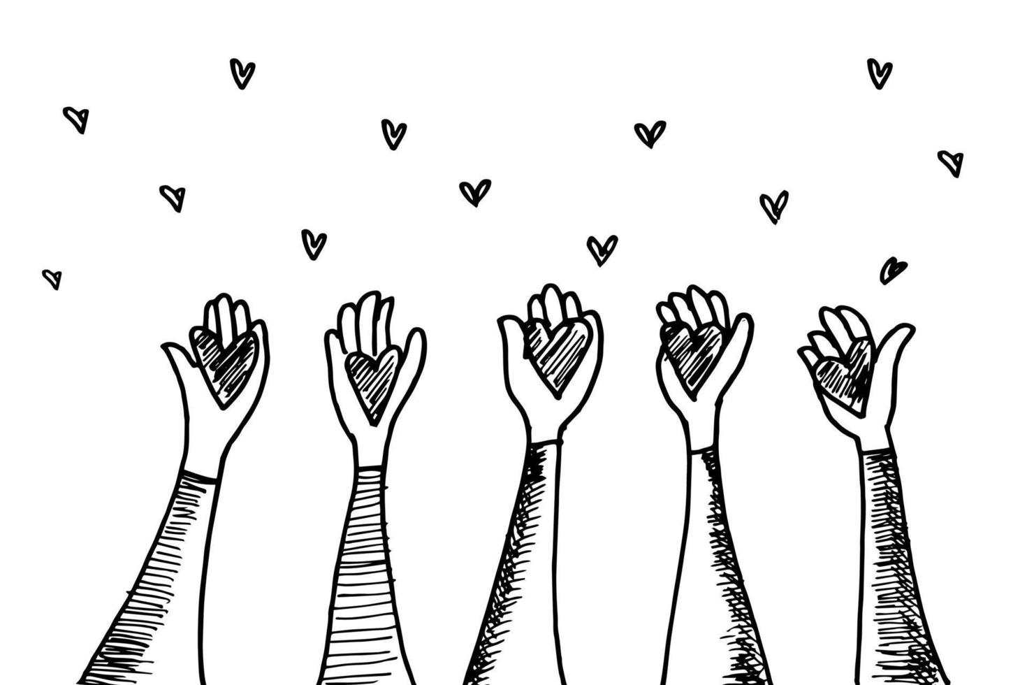 doodle handen omhoog, handen met liefde. vector illustratie