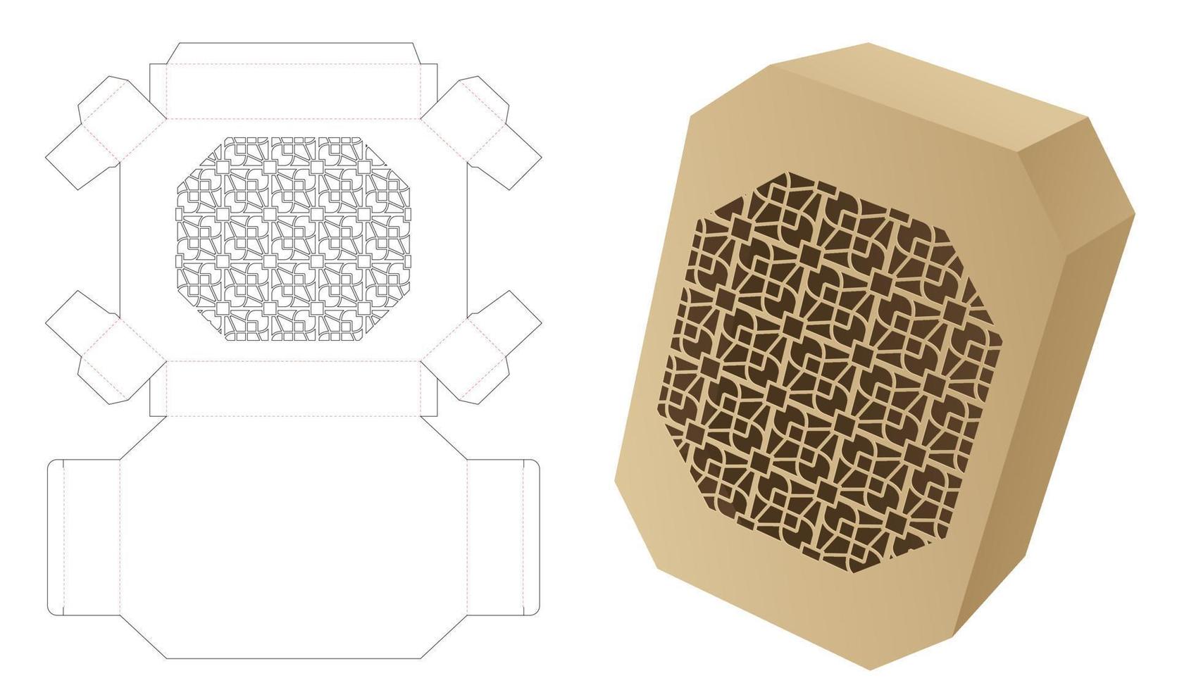 achthoekige blikken doos met gestencild patroon gestanst sjabloon en 3D-mockup vector