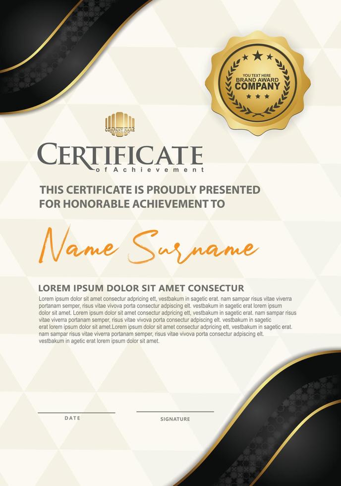 luxe verticale moderne certificaatsjabloon met zwart en goud stroomlijnen effect ornament op textuur patroon achtergrond, vector