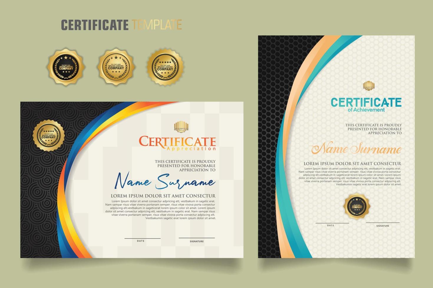 luxe certificaatsjabloon met dynamische en aantrekkelijke kleuren op gebogen lijnvorm ornament modern patroon vector