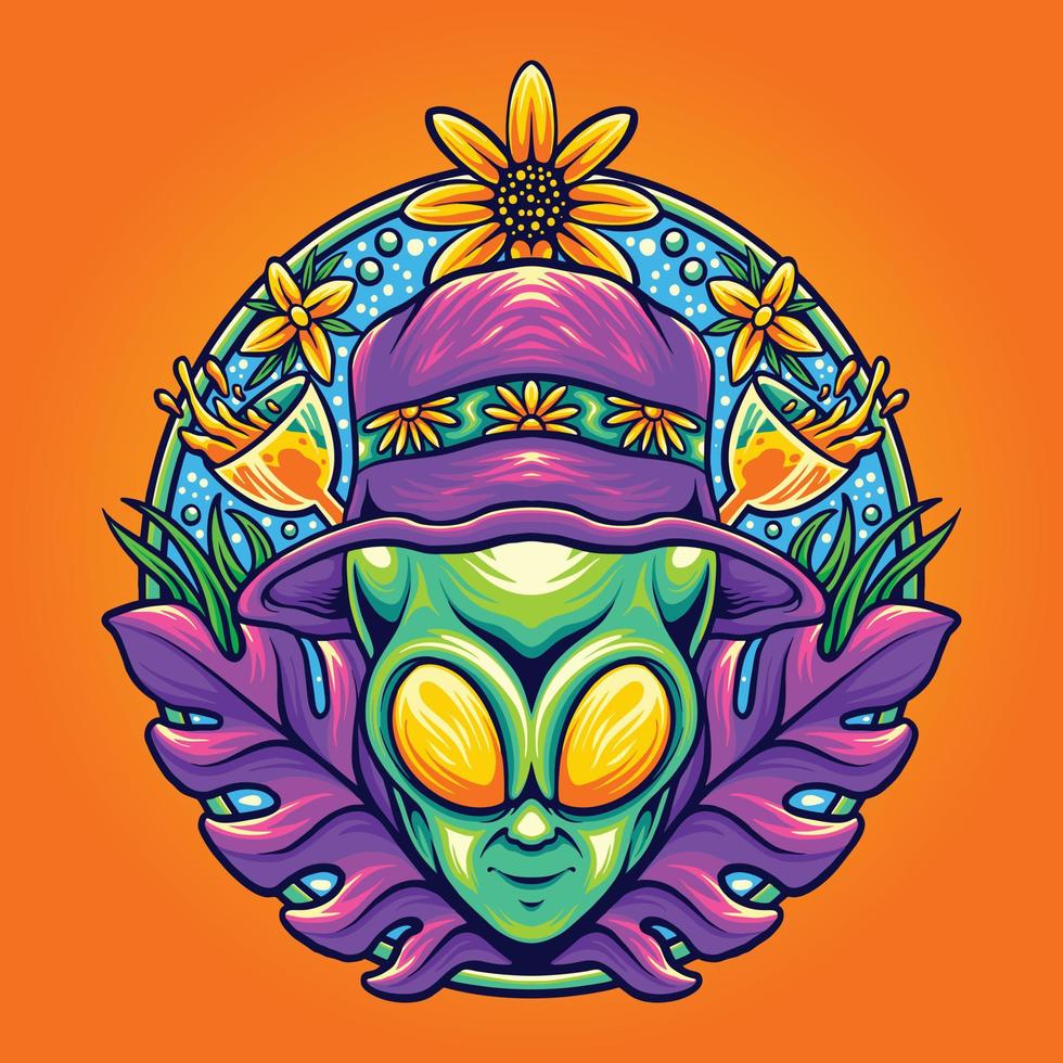 funky alien hoofd zomervakantie vectorillustraties voor uw werk logo, mascotte merchandise t-shirt, stickers en labelontwerpen, poster, wenskaarten reclame bedrijf of merken. vector